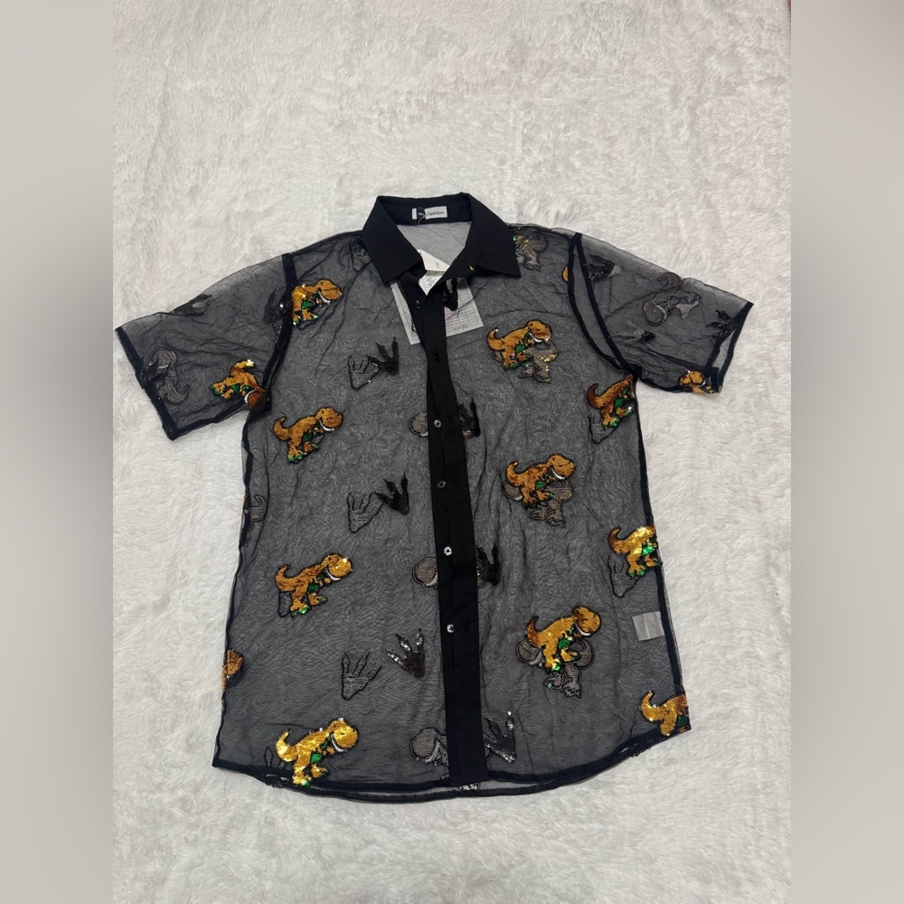 New large men’s black Button Up Shirt sheer Dino sequin festival rave dinosaur